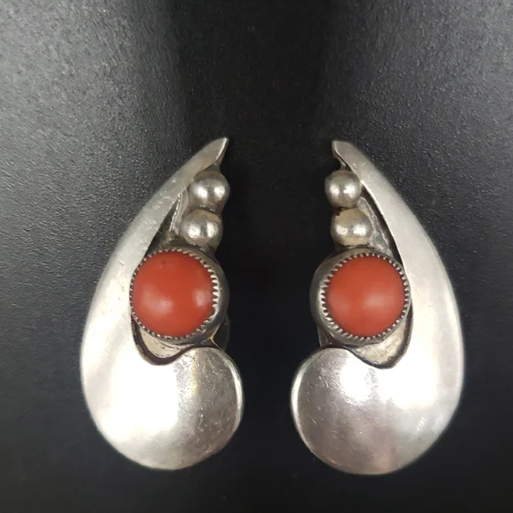 Vintage Sterling Silver Earrings with Red Stone Cabochons - Picture 1 of 4